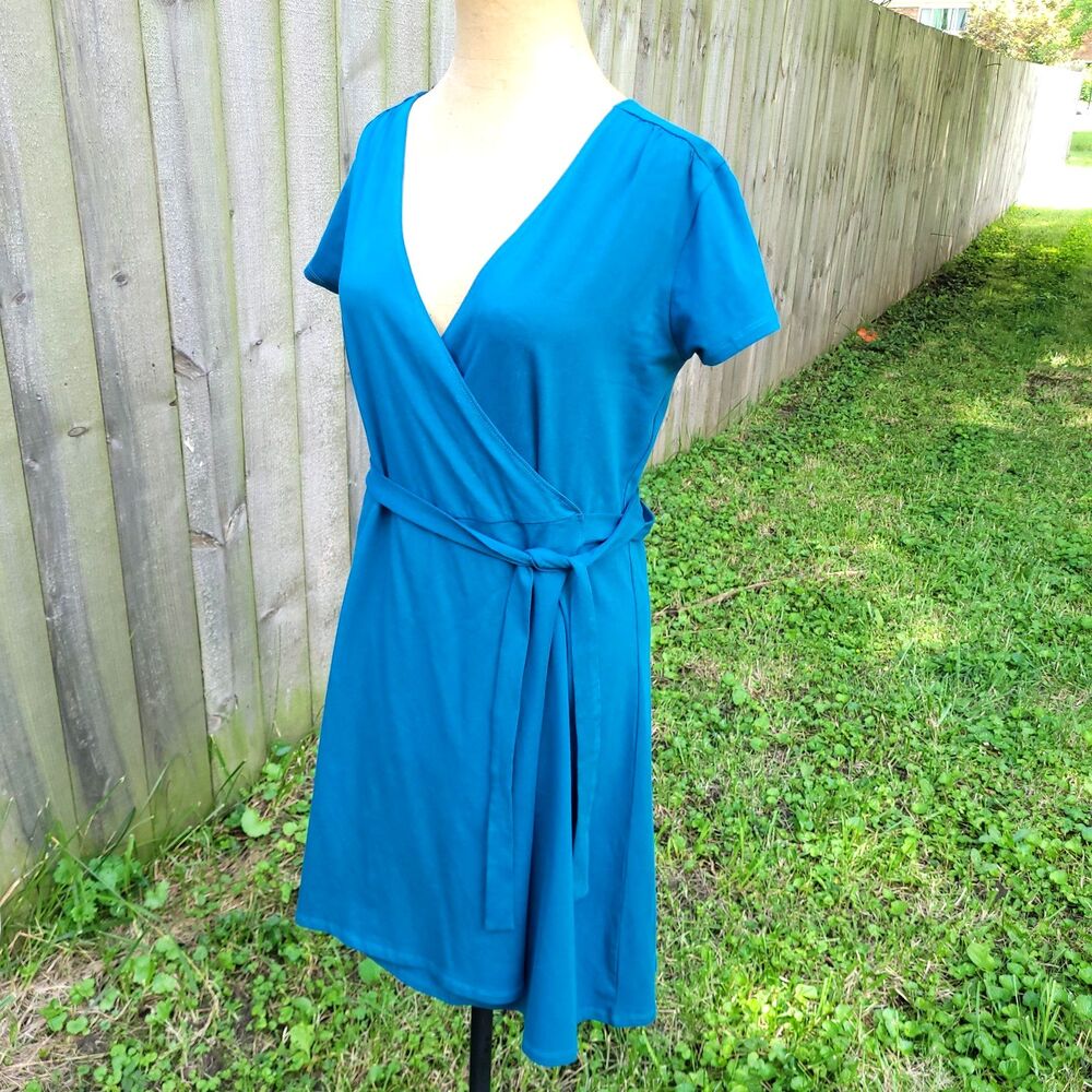 Organic Cotton Wrap Dress Pact M Blue coastal beachy v neck minimalist